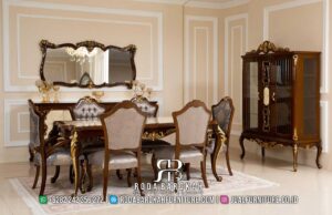 Bagus sekali Set Meja Makan Mewah Jati Kursi 4 dengan warna Natural kombinasi Gold RB-306