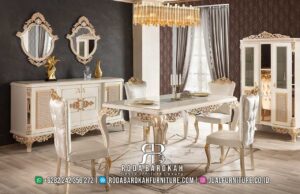 Model Set Meja Makan Mewah Luxe Ivory and Gold Elegance RB-239