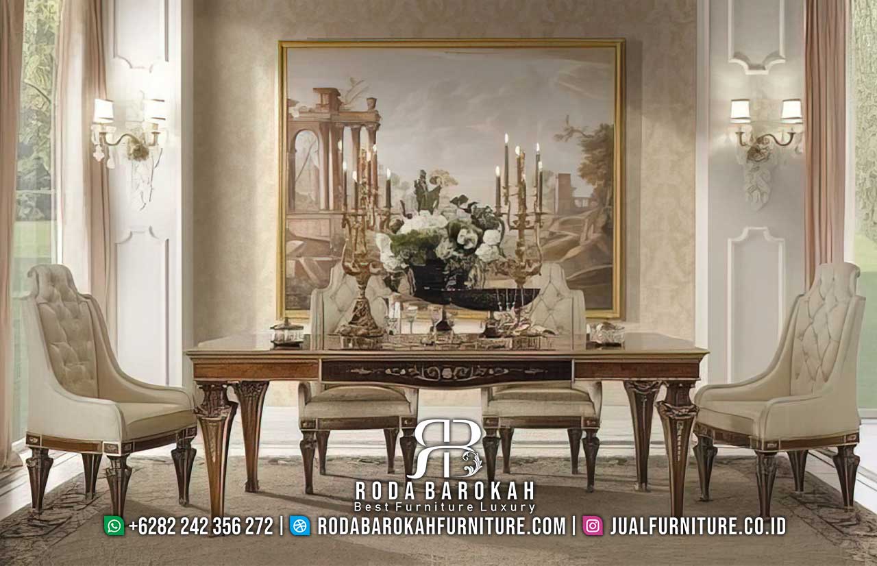 Favorit Meja Makan Minimalis Modern mudah dibersihkan RB-728 terbuat dari kayu jati dengan kaki ukiran, cocok untuk nuansa elegan di rumah Anda.