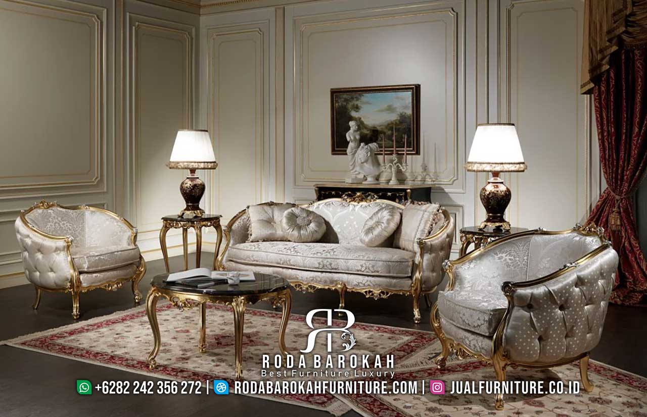 Harga Terbaik Sofa Tamu Mewah Terbaru RB-709, terbuat dari kayu jati dengan finishing gold plating, memberikan elegan klasik untuk ruang tamu Anda.