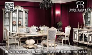 Jual Cepat Meja Makan Mewah Full Asli Jepara RB-659, terbuat dari kayu jati dengan finishing doff dan ornamen ukiran, sempurna untuk ruang makan elegan Anda.