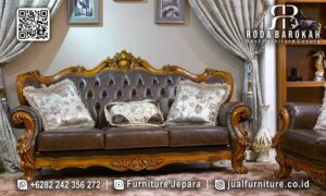 Jual Cepat Sofa Tamu Jati Natural dengan kayu jati dan finishing doff gold, hadirkan sentuhan elegan di ruang tamu Anda dengan sandaran tinggi dan jahitan tangan.