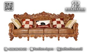 Penawaran Menarik Sofa Ganesha Mewah, dengan rangka kayu jati dan pelapis kulit sintetis, hadirkan sentuhan elegan di ruang klasik Anda.
