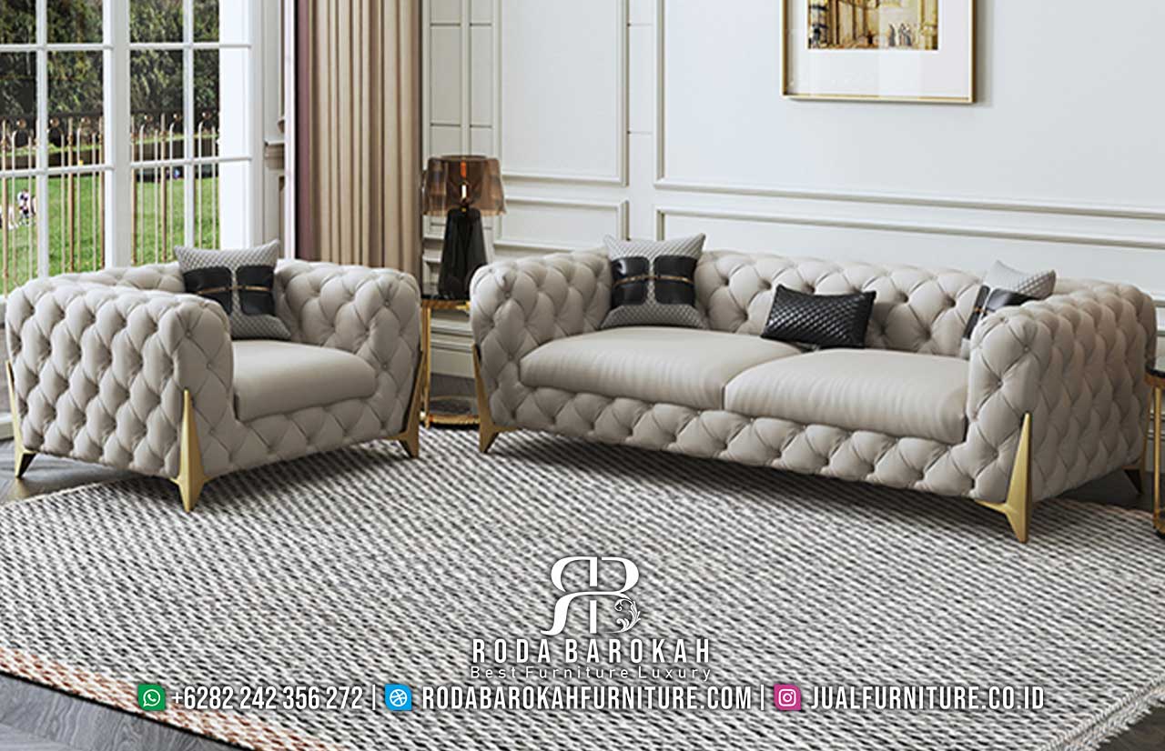 Promo Terbaik Sofa Tamu Stainless, didesain elegan dengan rangka kayu jati dan finishing doff gold, cocok untuk ruang tamu utama Anda.