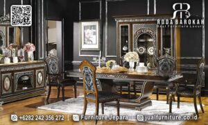 Super Promo Meja Makan Mewah Klasik dengan kayu jati dan kain bludru elegan, sempurna untuk keluarga dan menambah nuansa minimalis modern di rumah Anda.