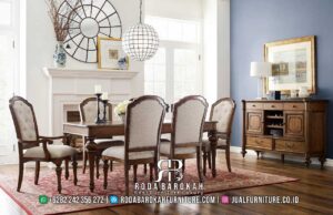 Toko Resmi Meja Makan Jati Natural RB-702, elegan dan mewah dengan kayu jati finish doff, dilengkapi 6 kursi kuat untuk momen makan keluarga yang istimewa.
