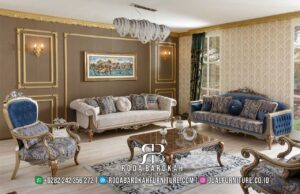 Best Seller Sofa Tamu Gold Mewah dengan rangka kayu jati dan finishing gold doff, sempurna untuk ruang tamu elegan Anda.