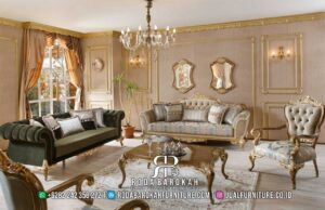 Ready Stock Sofa Tamu Chester Mewah dengan kayu jati dan ukiran emas, sempurna untuk ruang tamu bergaya klasik Eropa yang elegan dan mewah.