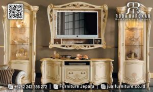 Jual Cepat Set Bufet Tv Mewah Modern dengan material kayu jati dan finishing doff gold, memberikan nuansa elegan sekaligus fungsional untuk penyimpanan.
