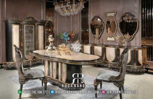 Best Deal Mebel ruang makan Jepara Bisa Custom RB-816, set meja oval kayu jati dengan finishing lac emas, menghadirkan nuansa mewah dan elegan di ruang makan Anda.