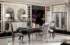 Diskon Spesial Toko Meja Makan Mewah dengan kayu jati dan finishing lac glossy, hadirkan elegansi klasik modern di ruang makan Anda.