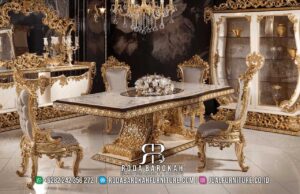 Langsung Kirim Meja Makan Mewah dengan kayu jati dan lukisan emas, pilar tengah unik serta ukiran indah untuk suasana elegan dan mewah di rumah Anda.