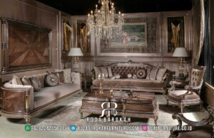 Limited Edition Sofa Jati Tamu Mewah dengan rangka kayu jati dan finishing gold plating, sempurna untuk ruang tamu klasik modern Anda yang elegan dan mewah.