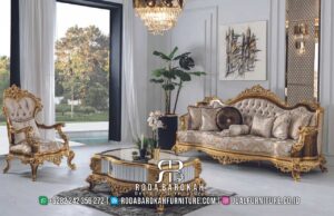 Promo Kilat Sofa Tamu Mewah Luxury Produk Laris RB-792 dengan rangka kayu jati dan lapisan emas, menghadirkan kemewahan dan elegansi untuk ruang tamu Anda.