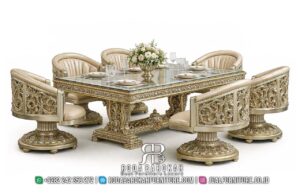 Segera Habis Meja Makan Mewah Klasik dengan kaki berukir dan kain bludru, sempurna untuk ruang makan elegan Anda, hanya di sini dengan pengiriman cepat.