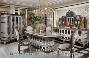Kursi makan mewah RB-815 hadir dengan rangka kayu jati dan kain bludru, menambah nuansa mewah dan elegan pada ruang makan Anda.