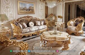 Top Pilihan Sofa Gold Mewah Klasik harga murah RB-806 terbuat dari kayu jati dengan finishing gold plating, hadirkan kemewahan dan elegansi untuk ruang tamu Anda.