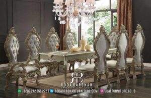 Diskon Ruang Makan Mewah Terbaru Bisa Custom RB-888 hadir dengan kayu jati berukir dan lukisan emas, menggabungkan elegan klasik dan kenyamanan maksimal.