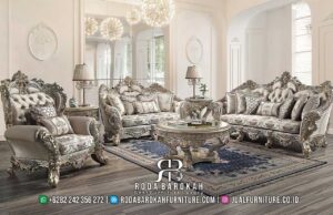 Favorit Sofa Tamu Mewah Model Terbaru RB-829 terbuat dari kayu jati dengan finishing emas dan busa tebal, sempurna untuk menciptakan ruang tamu yang elegan.