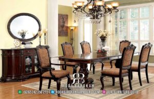 Harga Spesial Meja Makan Jati Minimalis Paling Laku RB-874, dengan rangka kayu jati dan kain bludru, sempurna untuk ruang makan elegan dan tahan lama.