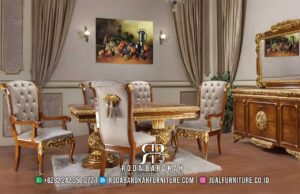 Harga Terbaik Meja Makan Jati Mewah Tahan Lama RB-886, kayu jati dengan ukiran emas dan sandaran tinggi, sempurna untuk nuansa klasik dan elegan.