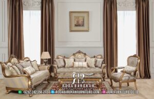 Harga Terbaik Sofa Tamu Accient Mewah dengan kayu jati ukiran dan finishing gold doff, sempurna untuk menambah nuansa elegan di ruang tamu Anda.