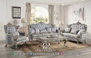 Hot Promo Kursi Tamu Mewah RB-832 dengan rangka kayu jati dan finishing perak, sempurna untuk menambah nuansa elegan di ruang tamu Anda.