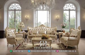 Hot Promo Kursi Tamu Mewah Terbaru dengan rangka kayu jati, busa tebal, dan ukiran emas memberikan sentuhan elegan di ruang tamu Anda.