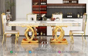 Khusus Meja Makan Stainless Mewah dengan kaki meja berbentuk lingkaran bertumpuk dan busa jok tebal ini hadirkan nuansa elegan dan modern minimalis.