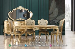 Langsung Kirim Meja Makan Full Gold Mewah dengan rangka Kayu Jati dan kain bludru busa tebal, sempurna untuk ruang makan bergaya klasik modern.
