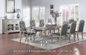 Limited Edition Ruang Makan Mewah Elegant Desain Eksklusif RB-825 hadir dengan meja kayu jati berukir dan kursi kain bludru hitam, sempurna untuk nuansa mewah dan modern.