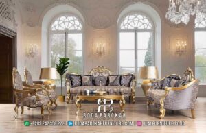 Limited Edition Sofa Tamu Cantik Mewah Produk Asli RB-901 hadir dengan kayu jati dan finishing gold doff, sempurna untuk ruang tamu bergaya klasik modern.