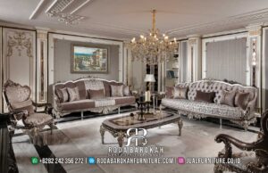 Rekomendasi Sofa Tamu 3 3 1 Mewah dengan rangka kayu jati dan finishing lac, elegan dengan ukiran emas, sempurna untuk ruang tamu utama Anda.