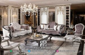 Rekomendasi Spesial Sofa Klasik Warna Grey produk laris RB-820, terbuat dari kayu jati dengan finishing lac, sempurna untuk ruang tamu elegan dan mewah.