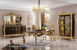 Sale Meja Gold Ruang Makan warna netral RB-899 hadir dengan rangka kayu jati dan finishing doff gold, sempurna untuk menambah nuansa mewah di ruang makan Anda.