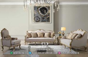 Super Promo Kursi Ruang Tamu Mewah dengan rangka kayu jati dan finishing lac emas, hadirkan elegansi klasik modern untuk ruang tamu Anda.