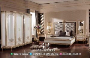 Wajib Punya Jual Tempat Tidur Mewah Fleksibel Ruangan RB-835 dengan rangka kayu jati dan finishing cat duco gold, sempurna untuk nuansa klasik modern di kamar Anda.