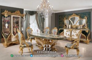 Wajib Punya Meja Makan Luxury Mewah dengan kaki meja ornamen dan pilar ukiran dari kayu jati, sempurna untuk menambah elegansi ruang makan Anda.