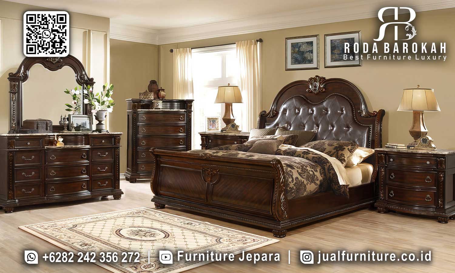 Baru Tempat Tidr Mewah Jati Paling Dicari RB-953, terbuat dari kayu jati dengan finishing Holz, dilengkapi meja rias dan lemari, memberikan nuansa elegan untuk tidur dan penyimpanan.