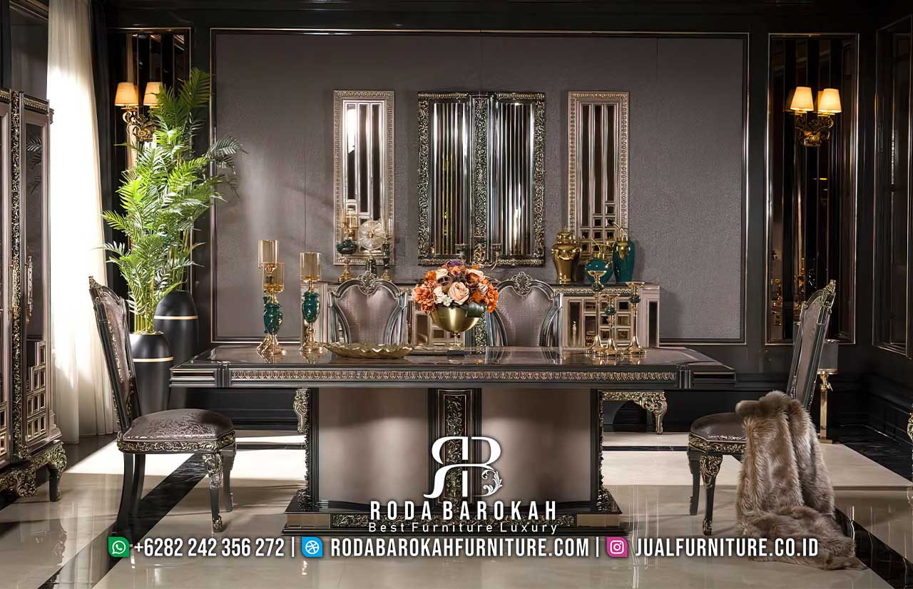 Berkualitas Meja Makan Set Mewah dengan rangka Kayu Jati dan finishing Lac, dilengkapi ornamen Emas, sempurna untuk nuansa klasik modern Anda.