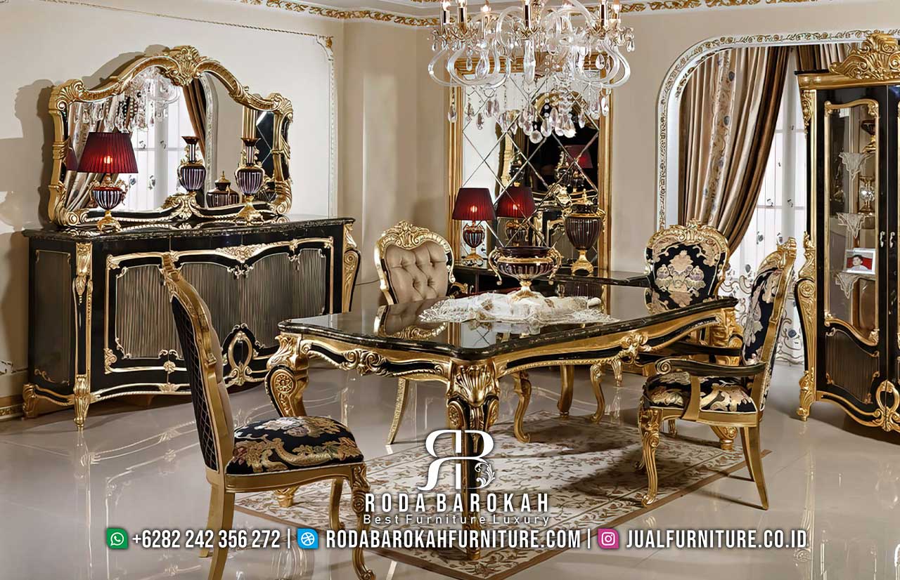 Bermutu Jual Meja Makan Luxury dengan rangka kayu jati dan finishing doff gold, cocok untuk memberikan nuansa elegan pada ruang makan Anda.
