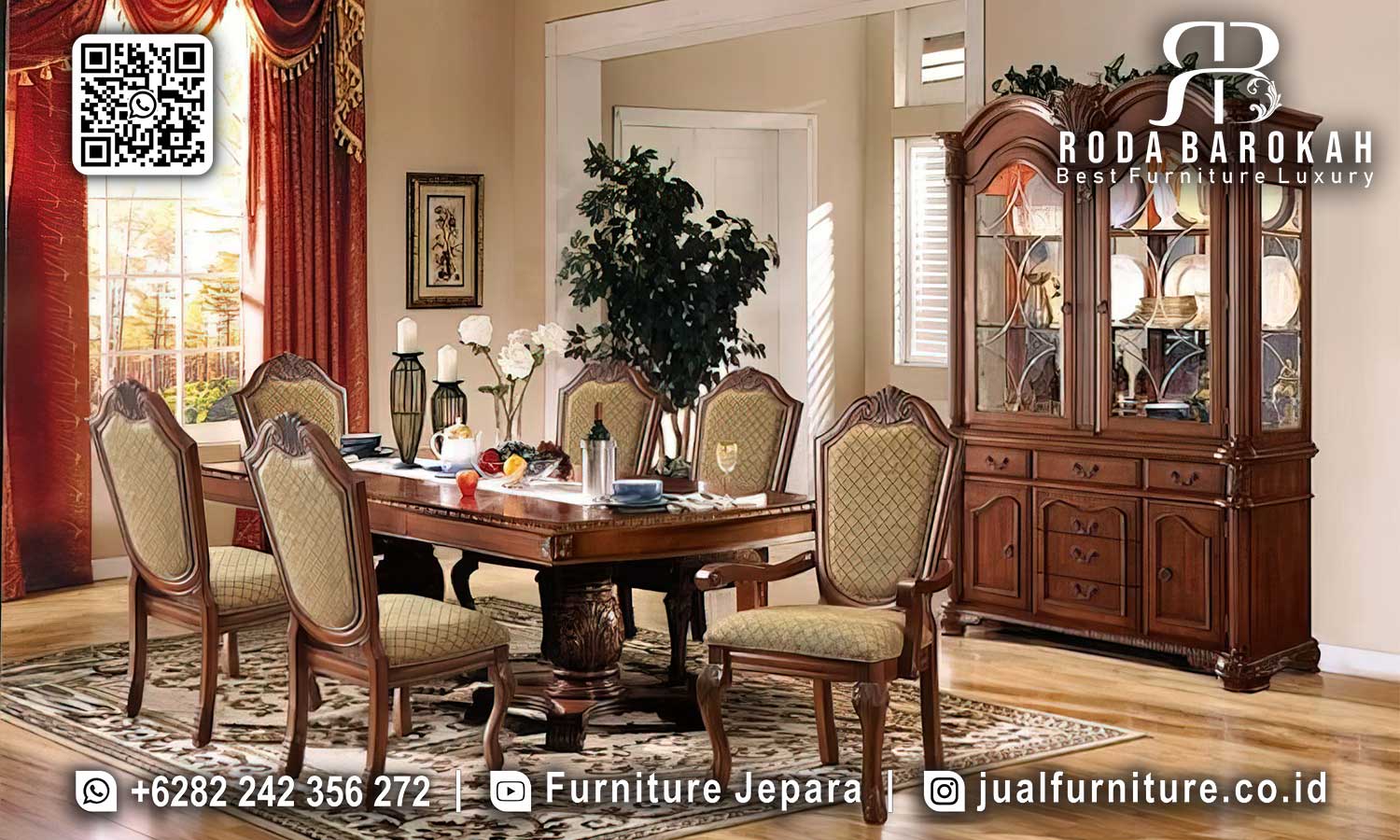 Custom Meja Makan Mewah Desain Modern RB-959, terbuat dari kayu jati dengan finishing doff dan kain bludru, siap memberikan nuansa hangat dan elegan d...