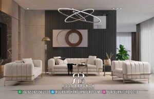 Eksklusif Sofa Tamu Minimalis Luxury Bahan Impor RB-975, lengkap dengan dudukan empuk dan kaki logam bulat, sempurna untuk ruang tamu modern Anda.