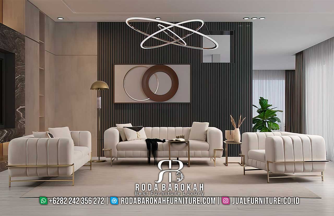 Eksklusif Sofa Tamu Minimalis Luxury Bahan Impor RB-975, lengkap dengan dudukan empuk dan kaki logam bulat, sempurna untuk ruang tamu modern Anda.