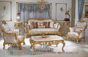 Harga Hemat Sofa Gold Ruang Tamu dengan kayu jati dan finishing lac emas, hadirkan elegan klasik untuk ruang tamu Anda yang mewah.
