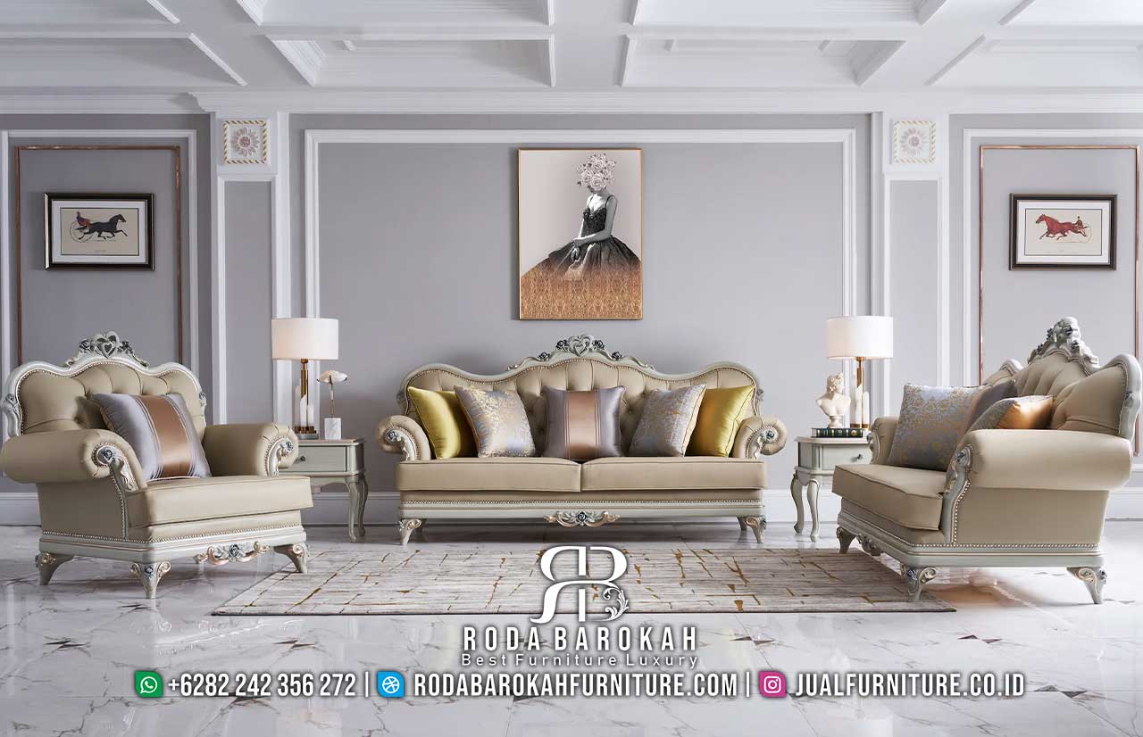 Merek Sofa Tamu Minimalis Klasik Gratis Ongkir RB-974 hadir dengan desain Baroque mewah, kayu jati cat duco, dan bantal empuk untuk pengalaman yang el...
