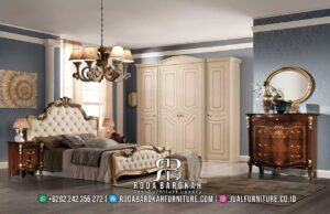 Tempat Tidur Sultan Mewah dengan desain Barokah Klasik, kayu jati, cat duco, dan kain bludru elegan untuk memanjakan tidur Anda.