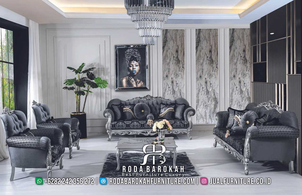 Original Sofa Tamu Mewah Anti Gores RB-951 hadir dengan busa royal, sandaran tinggi berukir, dan kaki perak, sempurna untuk gaya dekorasi minimalis me...