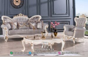 Promo Terbaik set kursi tamu mewah dengan pilar ukiran, sandaran tinggi, dan rangka kayu jati finishing putih gold, sempurna untuk ruang tamu elegan Anda.