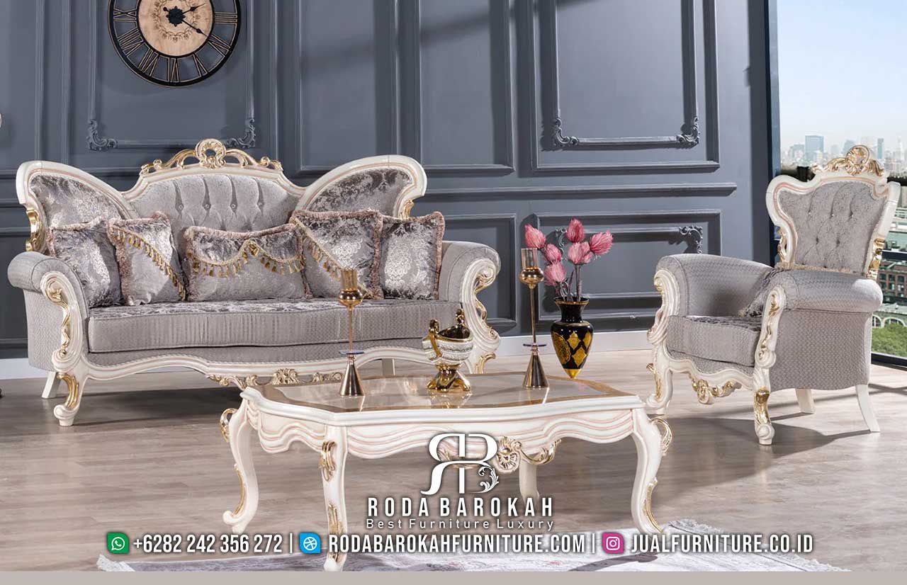 Promo Terbaik set kursi tamu mewah dengan pilar ukiran, sandaran tinggi, dan rangka kayu jati finishing putih gold, sempurna untuk ruang tamu elegan Anda.